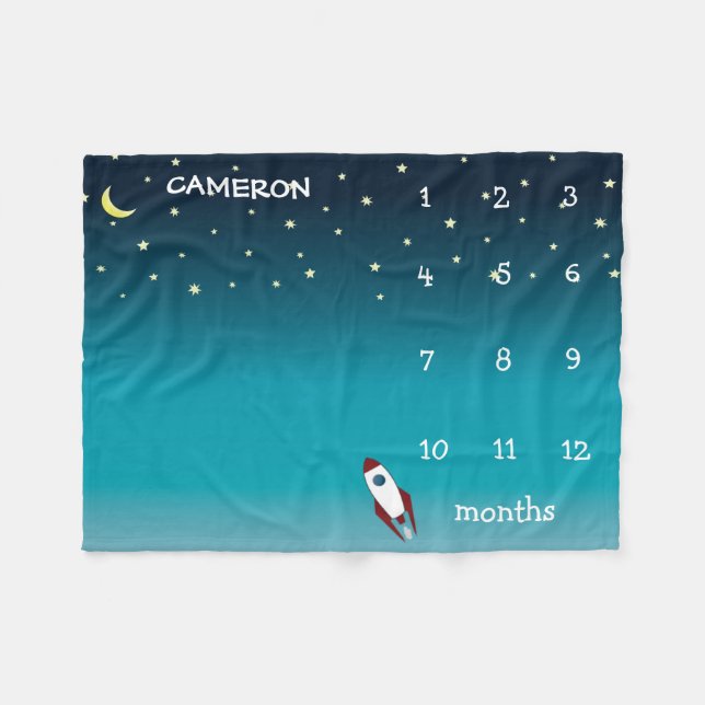 Personalised Outer space ombre blue Milestone baby Fleece Blanket (Front (Horizontal))