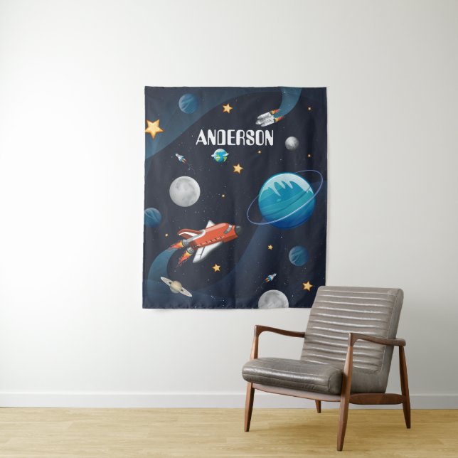 Personalised Outer Space Space Shuttle Kids Room Tapestry (In Situ)