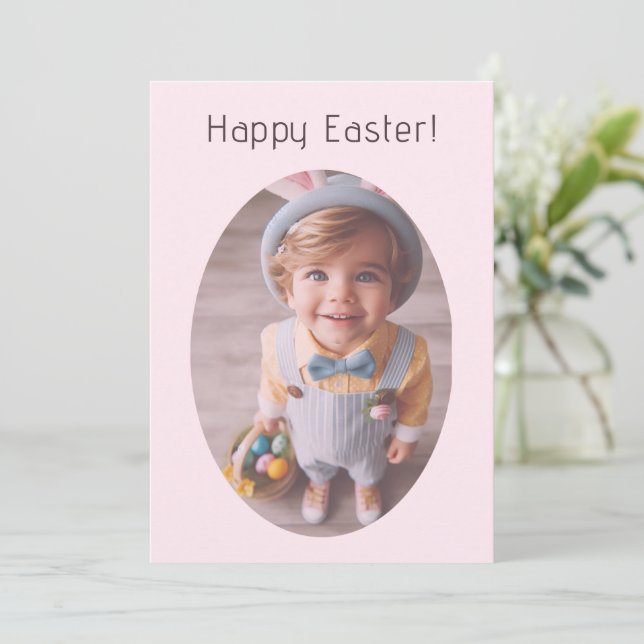 Personalised Oval Photo Elegant Pink Happy Easter Holiday Card (Standing Front)