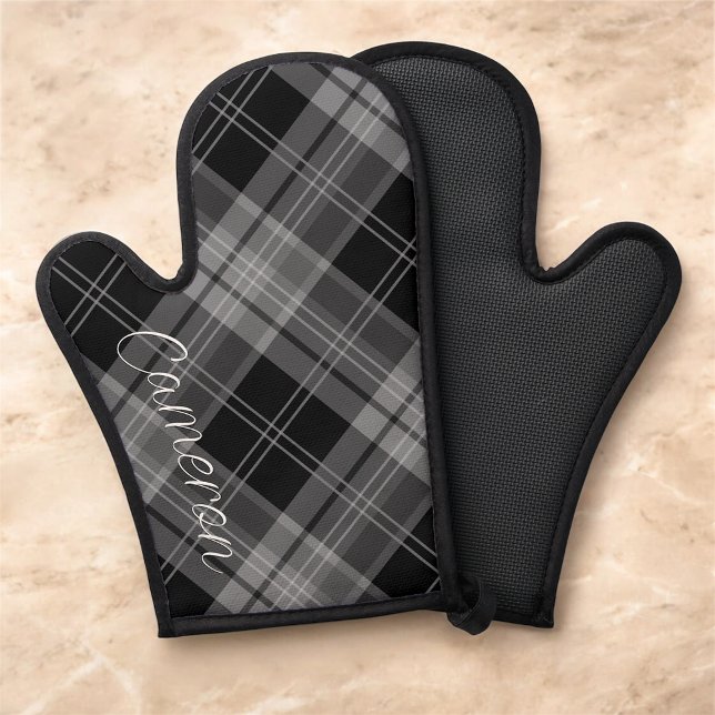 Personalised Oven Mitt Silicone Black Plaid Custom (MISOOK Black Grey Plaid Oven Mitt with Name)