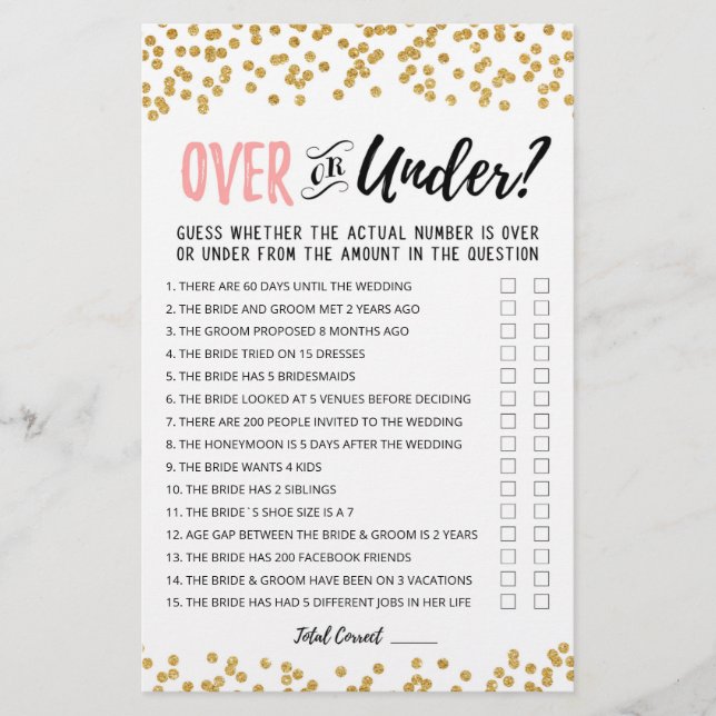 Personalised Over or Under Bridal Shower game (Front)