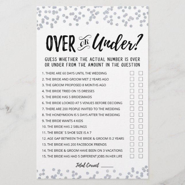 Personalised Over or Under Bridal Shower game (Front)