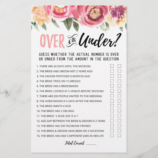 Personalised Over or Under Bridal Shower game (Front)