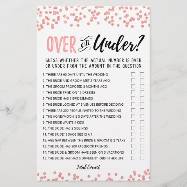 Personalised Over or Under Bridal Shower game (Front)