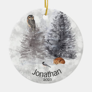 Personalised Owl Bird Fox Winter Cabin    Ceramic Tree Decoration