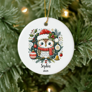 Personalised Owl Christmas Ornament, Boho Owl Gift Ceramic Tree Decoration