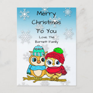 Personalised Owl Couple on Tree Branch Christmas Postcard