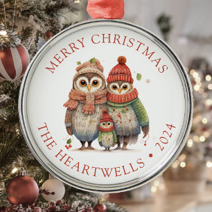 Personalised Owl Family Merry Christmas Metal Tree Decoration