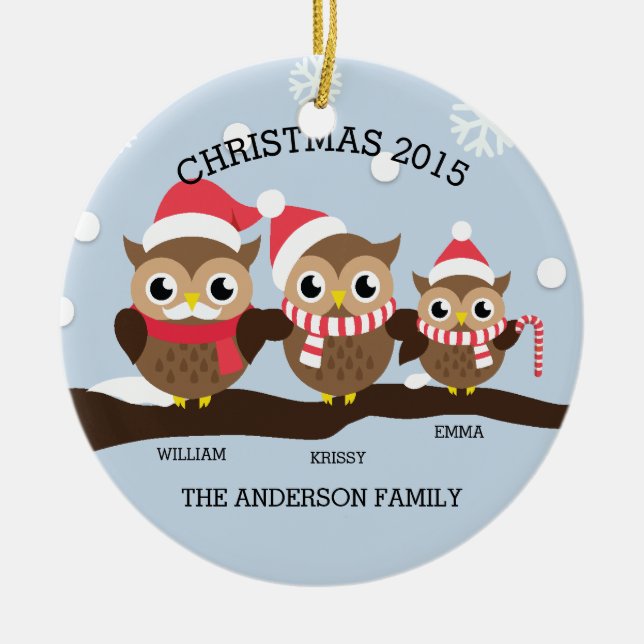 Personalised Owl Family Of 3 Christmas Ceramic Tree Decoration (Front)