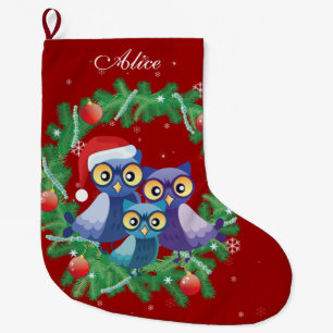 Personalised owl family wreath red large christmas stocking