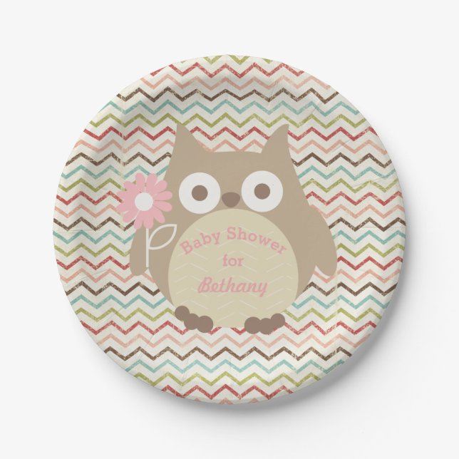 Personalised Owl Girl Baby Shower Colourful Paper Plate (Front)