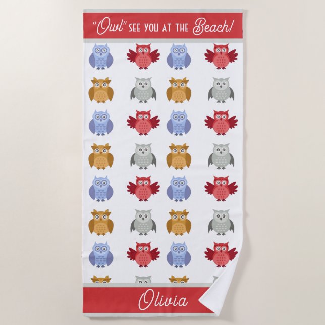 Personalised Owl See You at the Beach Name Beach Towel (Front)