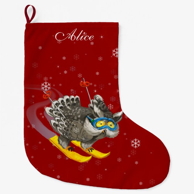 Personalised owl skiing red large christmas stocking (Front)