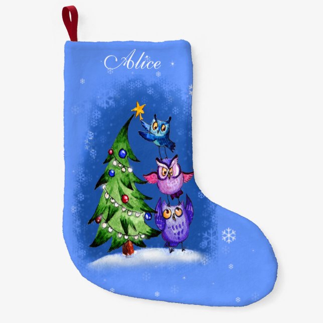 Personalised owls christmas tree small christmas stocking (Front)