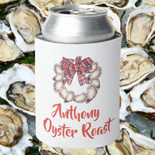Personalised Oyster Roast Wreath Plaid Ribbon Whit Can Cooler