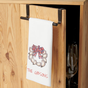 Personalised Oyster Wreath Plaid Bow Bar  Tea Towel