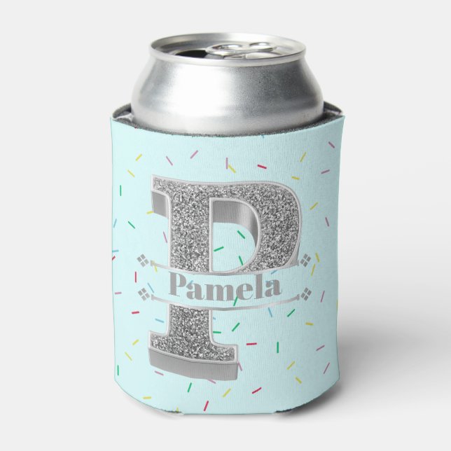 Personalised P Initial Silver Monogram Your Name Can Cooler (Can Front)