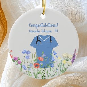 Personalised PA Physician Assistant Blue Scrubs Ceramic Tree Decoration