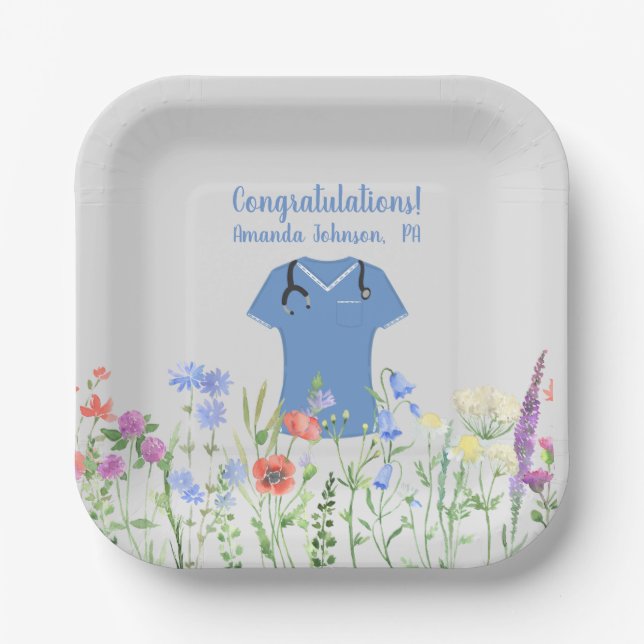 Personalised PA Physician Assistant Blue Scrubs Paper Plate (Front)