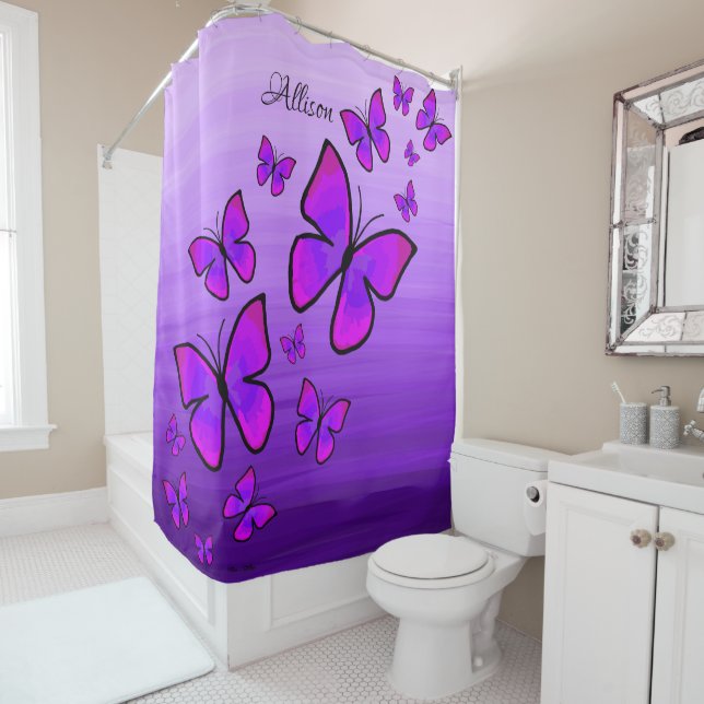 Personalised Painted Purple Butterflies Ombre Shower Curtain (In Situ)