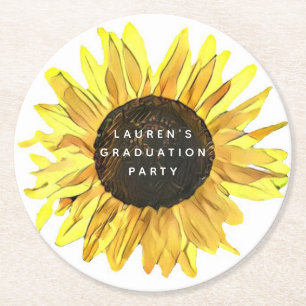 Personalised Painted Sunflower Graduation Party Round Paper Coaster