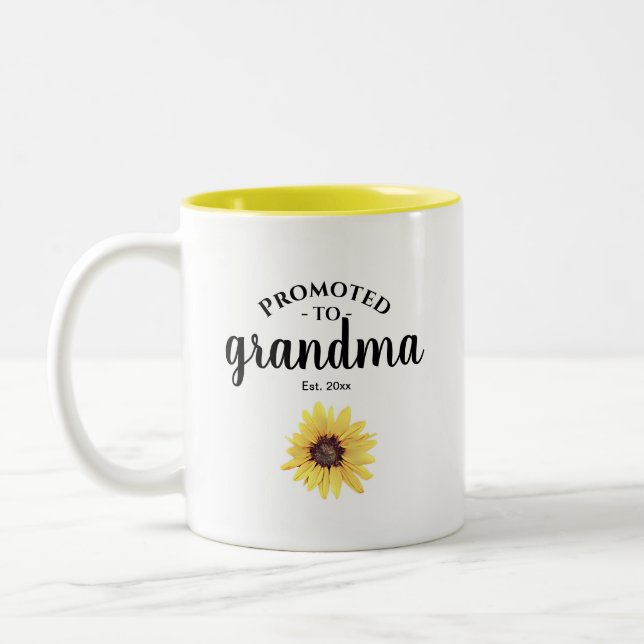 Personalised Painted Sunflower Promoted to Grandma Two-Tone Coffee Mug (Left)