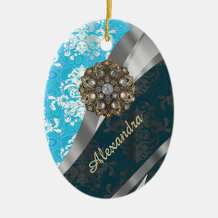 Personalised pale blue pretty girly damask pattern ceramic tree decoration