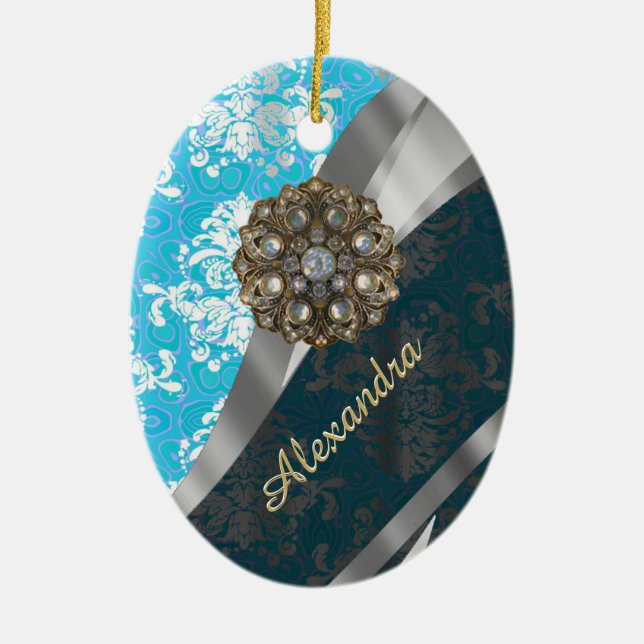 Personalised pale blue pretty girly damask pattern ceramic tree decoration (Front)