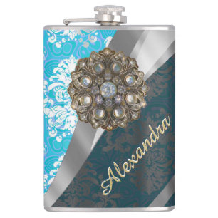 Personalised pale blue pretty girly damask pattern hip flask