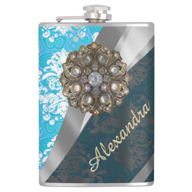 Personalised pale blue pretty girly damask pattern hip flask (Front)