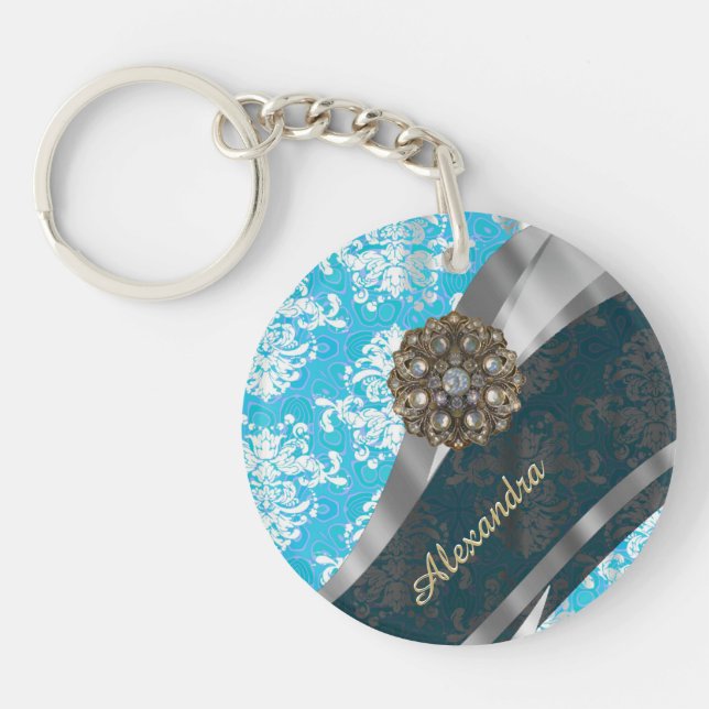 Personalised pale blue pretty girly damask pattern key ring (Front)