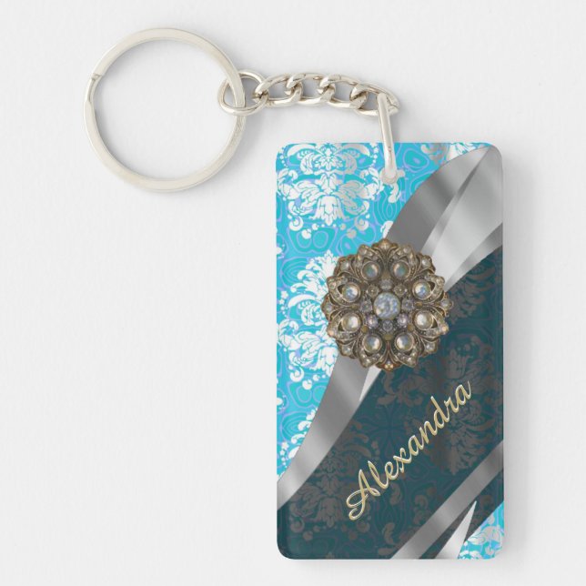 Personalised pale blue pretty girly damask pattern key ring (Front)