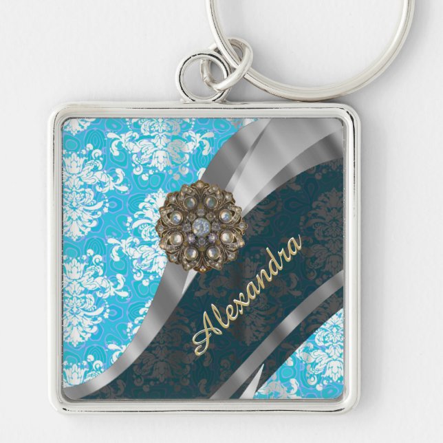 Personalised pale blue pretty girly damask pattern key ring (Front)