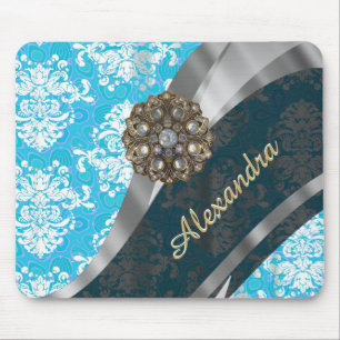 Personalised pale blue pretty girly damask pattern mouse mat