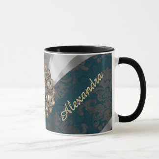 Personalised pale blue pretty girly damask pattern mug