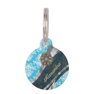 Personalised pale blue pretty girly damask pattern pet tag