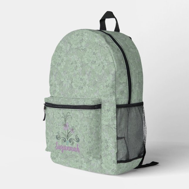 Personalised Pale Green and Lilac Floral Backpack (Back Corner Right)