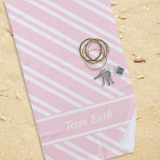 Personalised Pale Pink and White Stripes Beach Towel