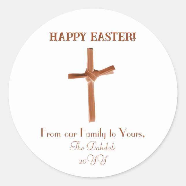 Personalised Palm Cross Happy Easter Cognac White Classic Round Sticker (Front)