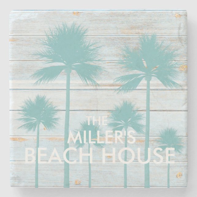 Personalised Palm Tree Beach House Stone Coaster (Front)