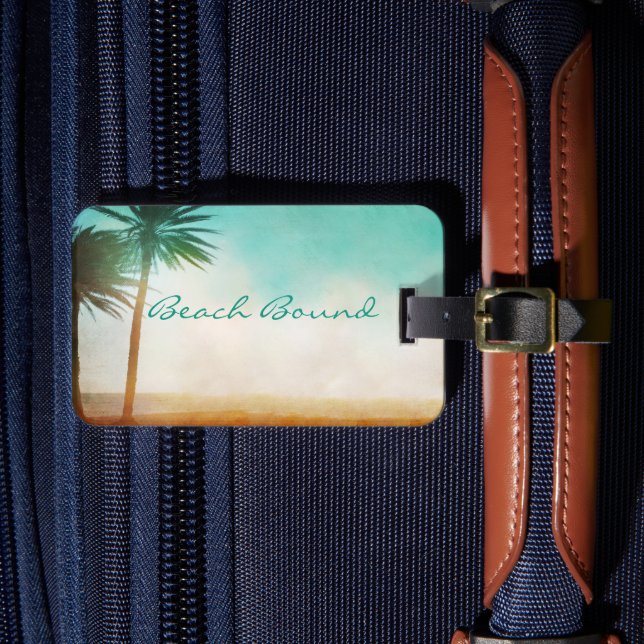 Personalised Palm Tree on Beach Luggage Tag (Front Insitu 4)