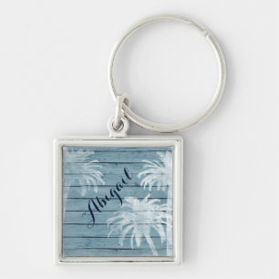 Personalised Palm Trees on Rustic Wood Beach Key Ring