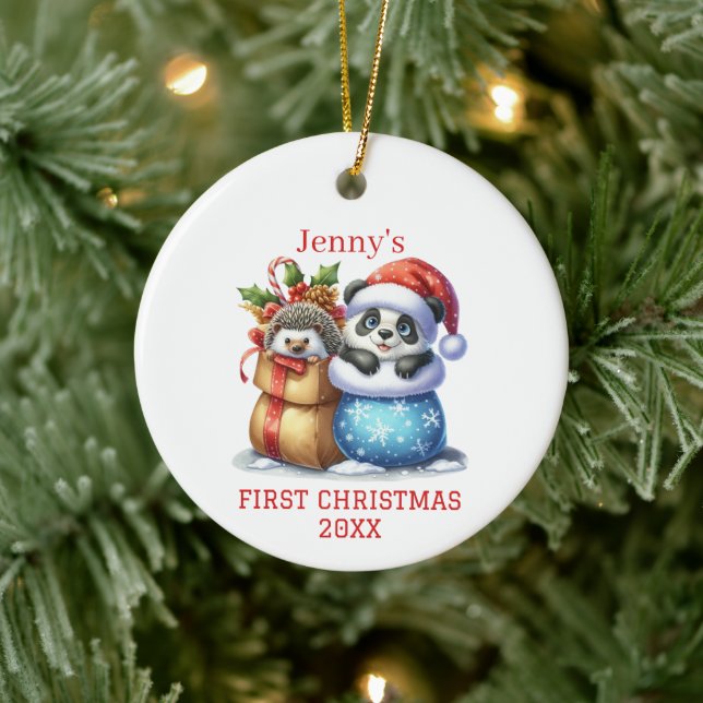 Personalised Panda Bear and Hedgehog Cub Christmas Ceramic Tree Decoration (Tree)