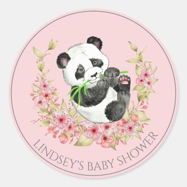 Personalised Panda Bear Floral Baby Shower Classic Round Sticker (Front)
