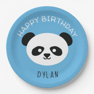 Personalised Panda Bear Kawaii Birthday Boys Blue Paper Plate