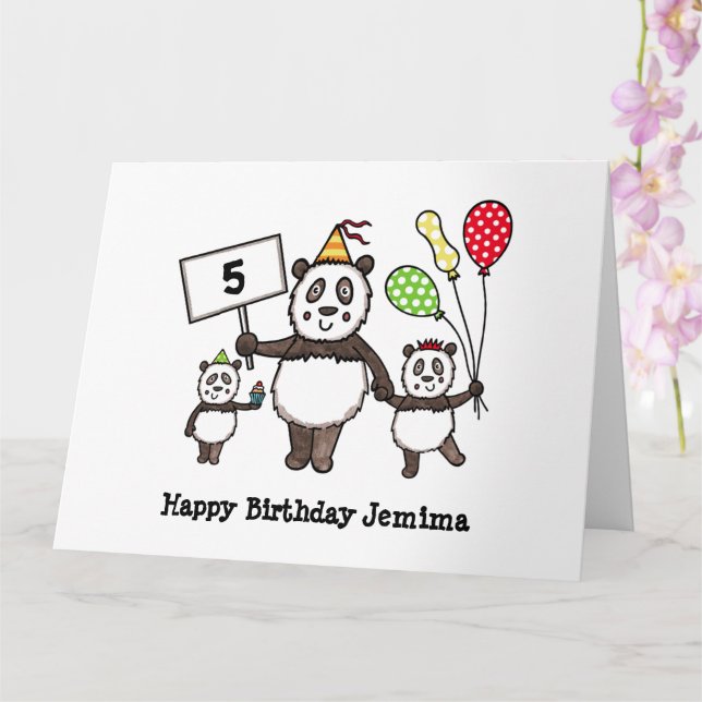 Personalised Panda Party Kid's Birthday Card (Orchid)