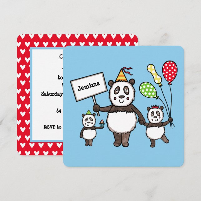 Personalised Panda Party Kid's Birthday Invitation (Front/Back)