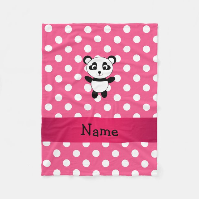 Personalised panda pink white polka dots fleece blanket (Front)