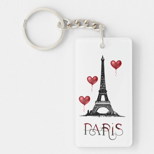 Personalised Paris, Eiffel Tower and Red Balloons Key Ring (Front)