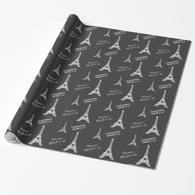 Personalised Paris Eiffel Tower on Black Wrapping Paper (Unrolled)